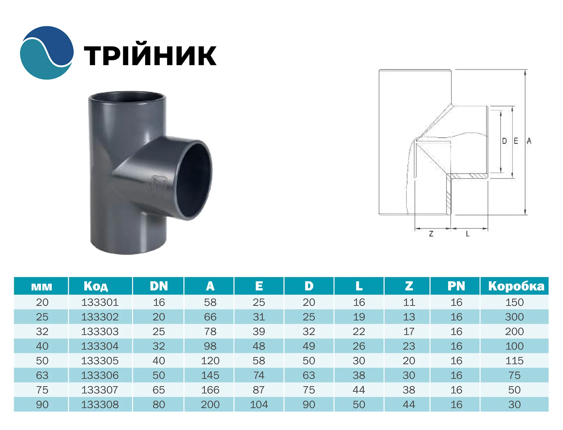 Трійник 90°/63мм PN16 Fitvalf – Poolman – фото 2 – Натисніть для збільшення зображення Номер зображення: 2.